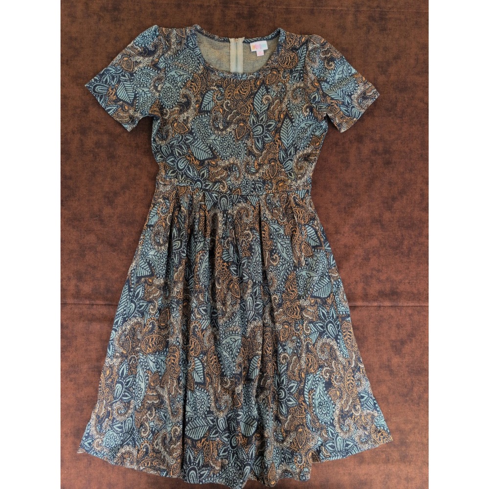 LuLaRoe Amelia Dress Medium Blue Orange Paisley Tapestry Fit Flare Short Sleeve